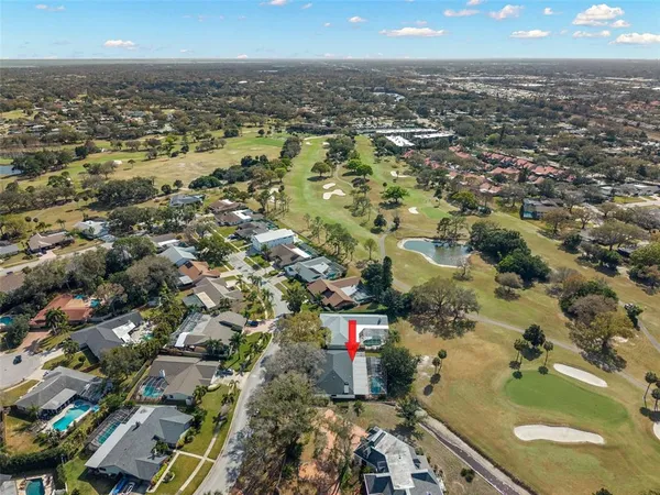an aerial view of residential houses with city view