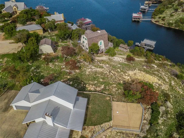 a view of a lake in middle of the town