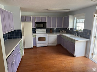 254 Meadow Lane Centerville, UT 84014 - Photo 14 of 34 Kitchen featuring U-shaped cabinetry with white countertops, integrated double sink, tiled backsplash, and wood-finish flooring