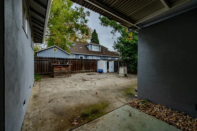 a view of a backyard with a tree