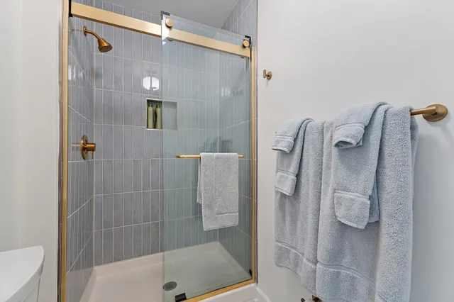 a bathroom with a shower and toilet