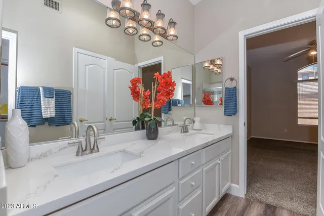 a bathroom with a double vanity sink and a mirror