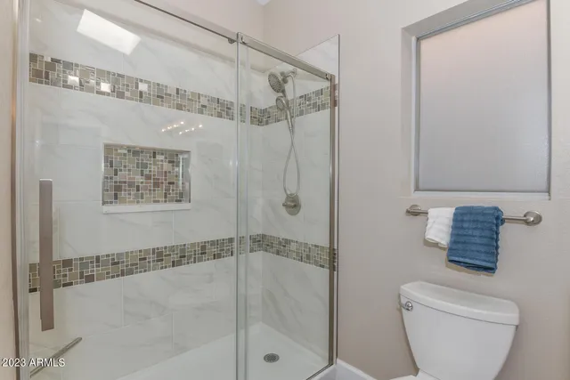 a bathroom with a shower a toilet and a shower