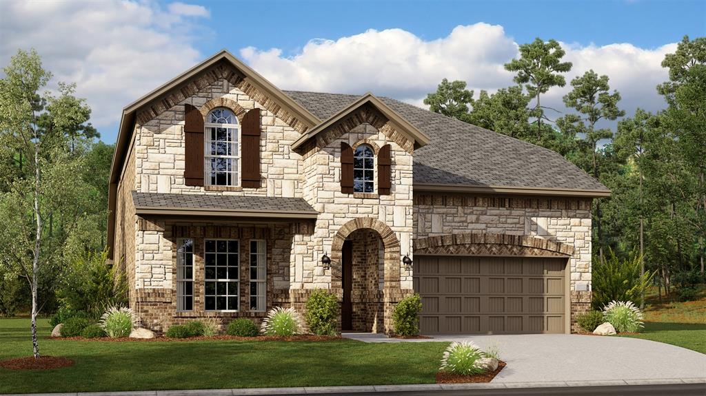 French country home with stone siding, a front yard, driveway, and a porch