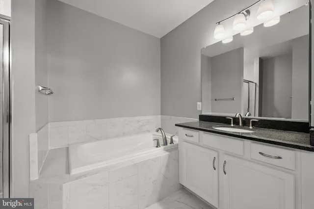 a bathroom with a bathtub and a double vanity sink