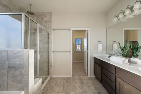 a bathroom with a double vanity sink a mirror and a shower
