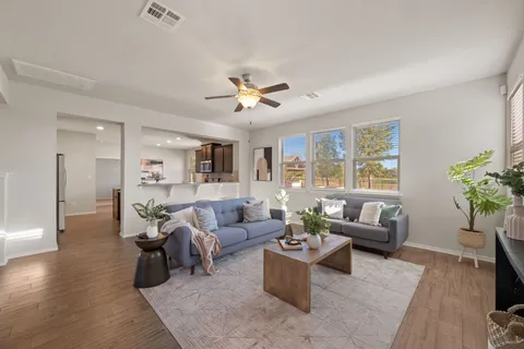 a living room with furniture potted plant and a window