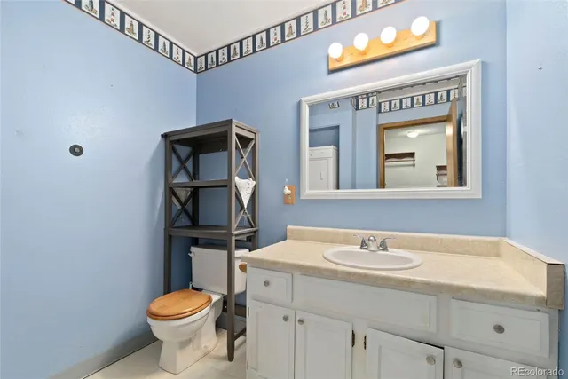 a bathroom with a sink a toilet and mirror