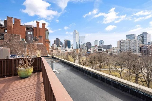 a view of a park with large trees