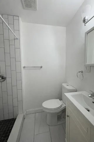 a bathroom with a sink a toilet and a shower