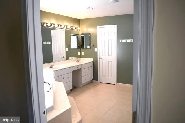 a bathroom with a double vanity sink mirror and shower