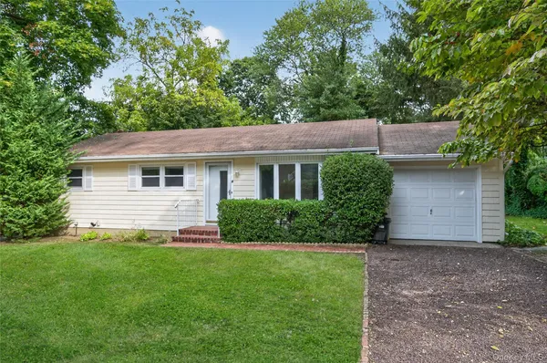 a view of a house with a yard plants and large tree