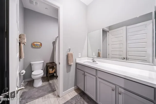 a bathroom with a sink a toilet and a large mirror