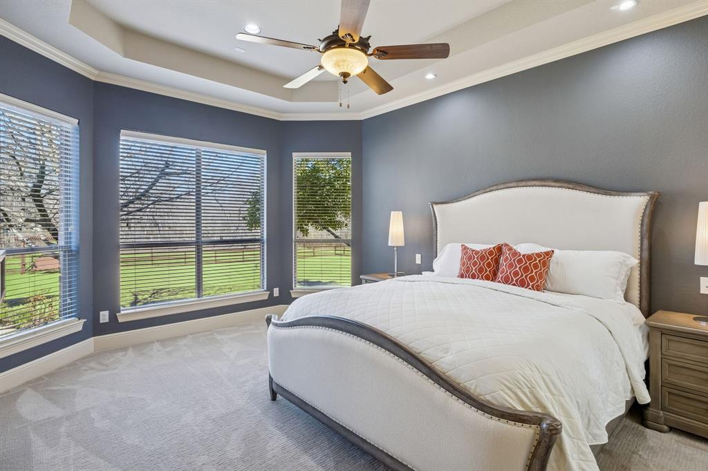1520 Snider Court Lucas, TX 75002 - Photo 13 of 40 This spacious and serene primary bedroom features a tray ceiling and large windows that overlook the flourishing backyard.