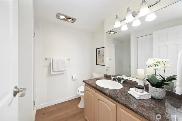 a bathroom with a granite countertop sink a large mirror and a potted plant