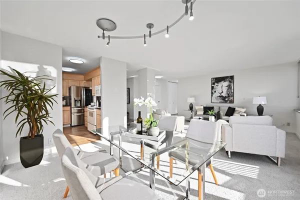 a living room with furniture a chandelier and a potted plant