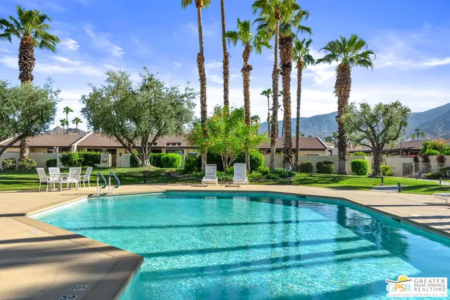 a view of a garden with a bench and potted plants