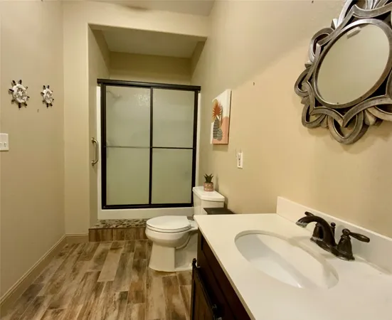 a bathroom with a sink a toilet and mirror
