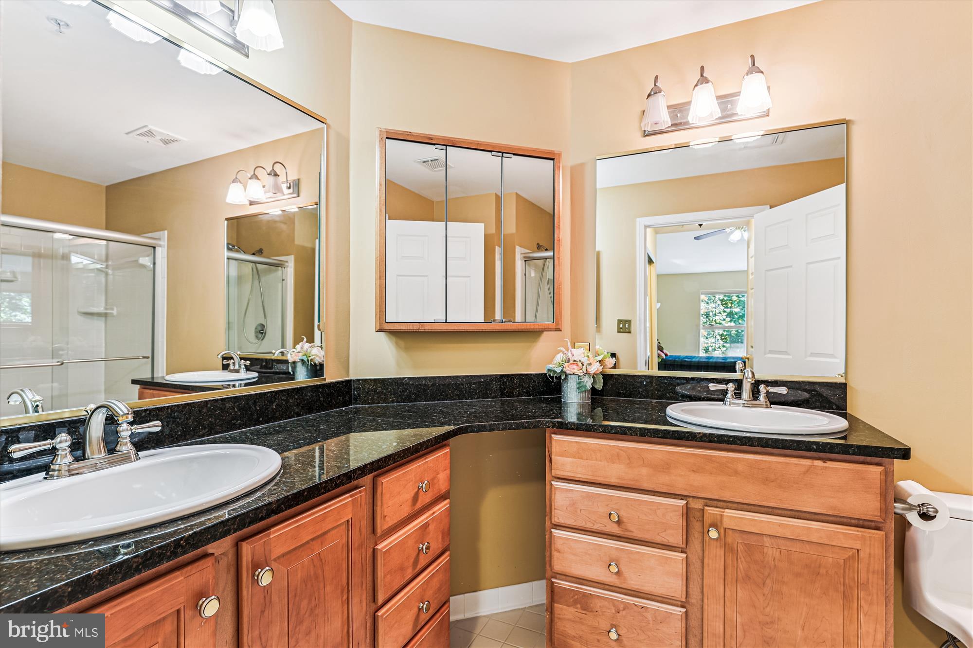 1307 Windleaf Drive, Unit 139N Reston, VA 20194 - Photo 27 of 38 a bathroom with a granite countertop sink and a mirror