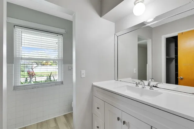 a bathroom with a sink and a mirror