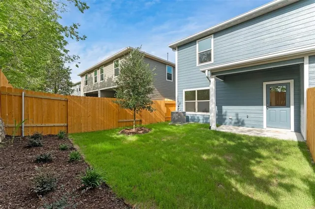 a view of a backyard with a large tree