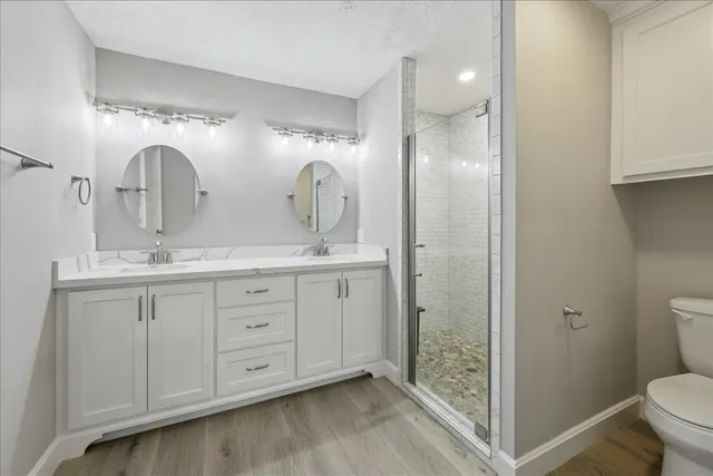 a bathroom with a double vanity sink mirror and toilet