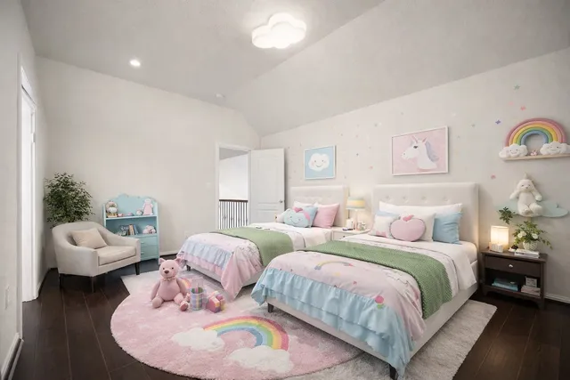 a bedroom with two beds and a couch