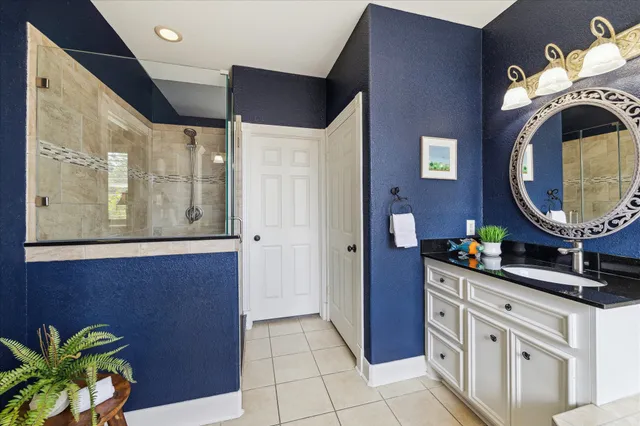 a bathroom with a sink a mirror and a shower