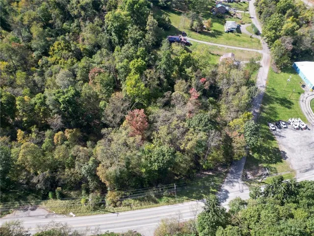 an aerial view of a house with a yard and large tree