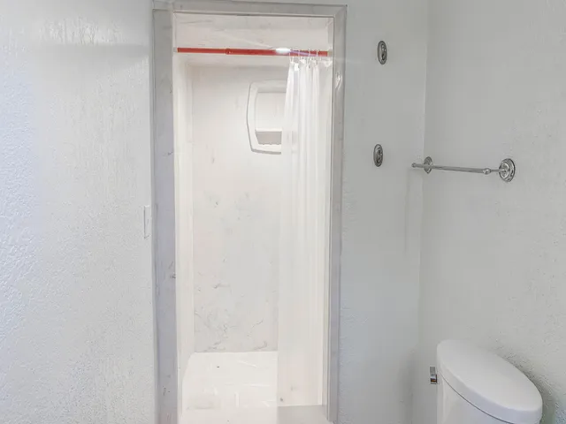 a bathroom with a shower and a toilet