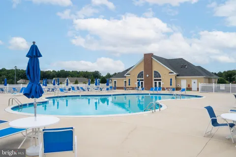 a view of a tennis ground with large trees