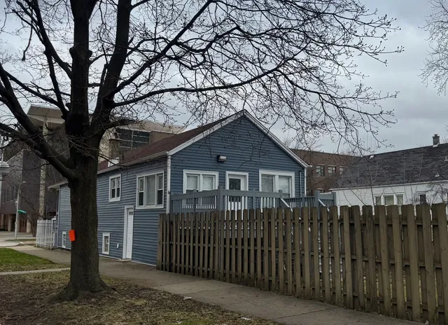 a view of a house with a small yard and a large tree