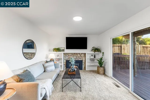 a living room with furniture a flat screen tv and a fireplace
