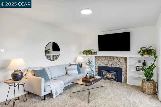 a living room with furniture fireplace and a flat screen tv