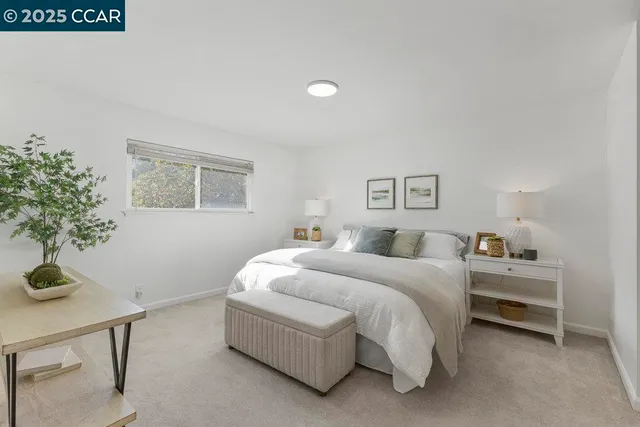 a bed room with a bed and a potted plant