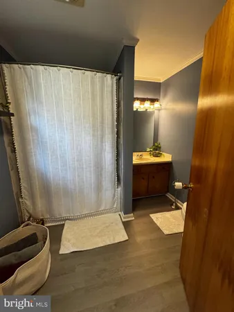 a bathroom with a sink and shower curtain