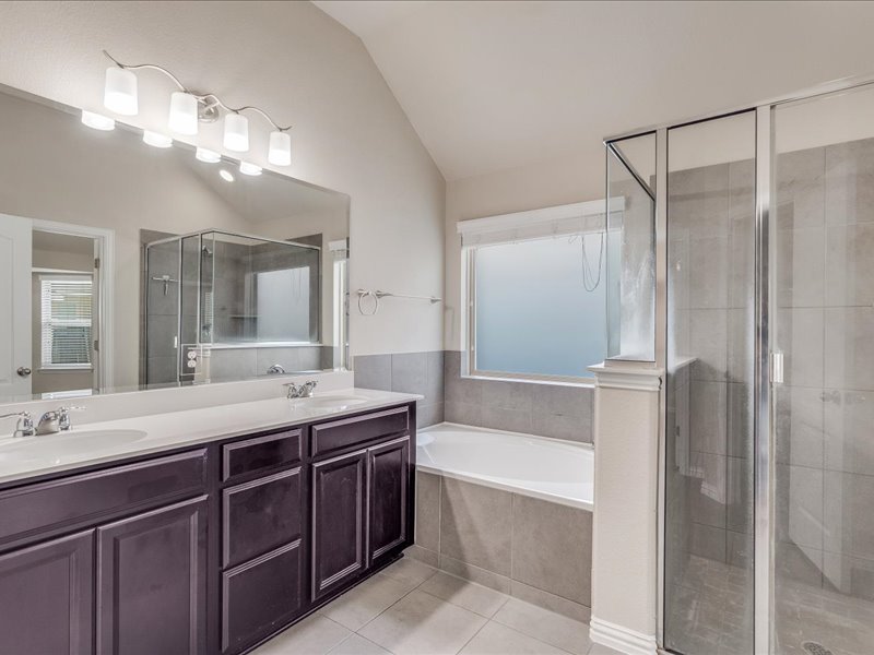 22005 Rhiannon Lane Pflugerville, TX 78660 - Photo 9 of 21 a bathroom with a bathtub a double vanity sink and mirror