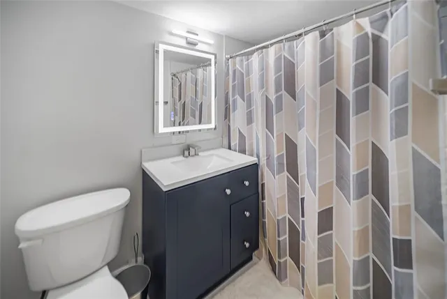 a bathroom with a toilet sink and mirror