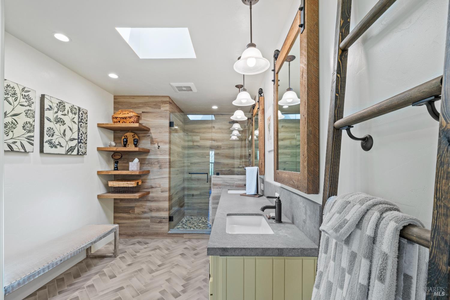 1389 Canyon Road Geyserville, CA 95441 - Photo 24 of 59 a bathroom with a sink a mirror and a shower