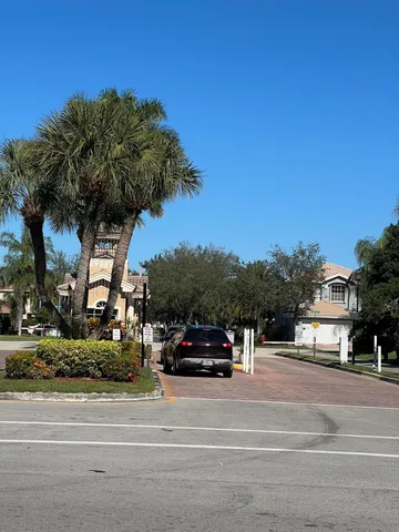 a view of a park with large trees