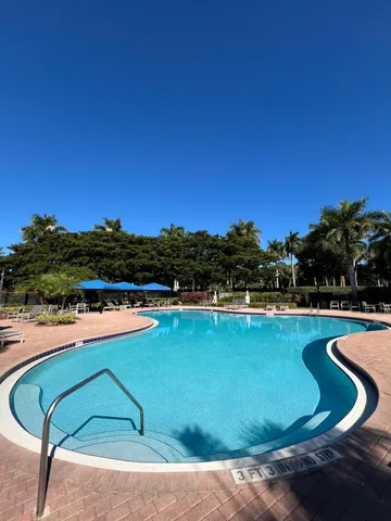 a view of swimming pool with lawn chairs and palm tree
