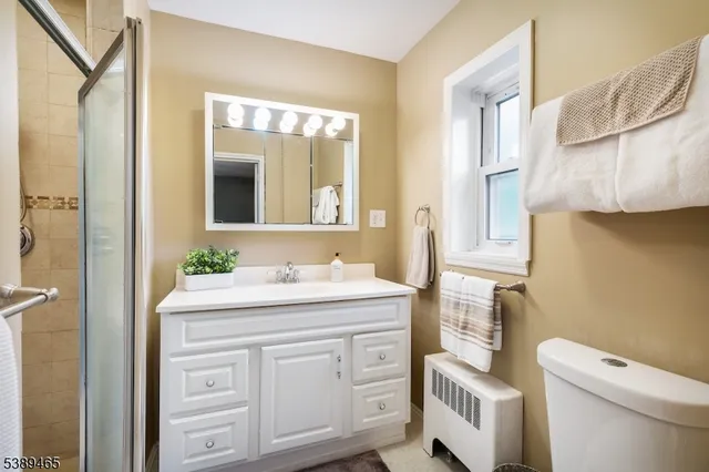 a bathroom with a granite countertop sink toilet and mirror