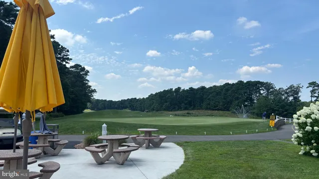 a view of a golf course with chairs