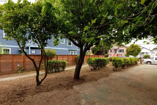 a view of a house with backyard and trees
