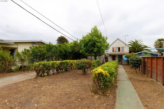 a view of a house with a yard and potted plants
