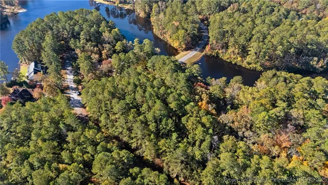 an aerial view of a house with a yard and lake view