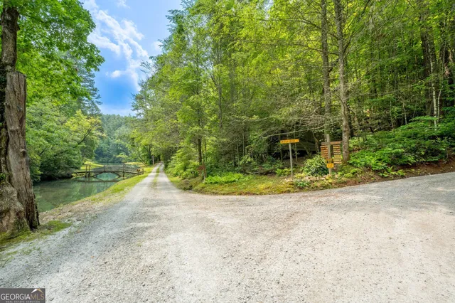 a view of a lake with a yard and large trees