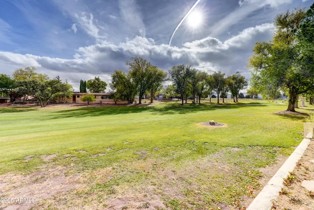 a view of a water fountain and a big yard