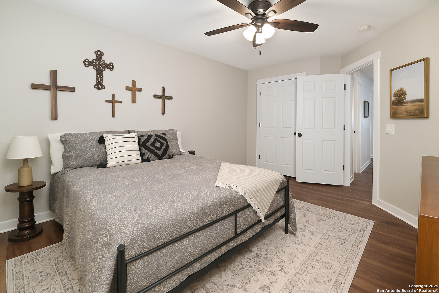 3796 Pebble Beach Cibolo, TX 78108 - Photo 16 of 21 a bedroom with a bed and a chandelier