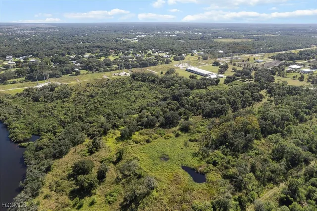 an aerial view of residential houses with outdoor space and trees